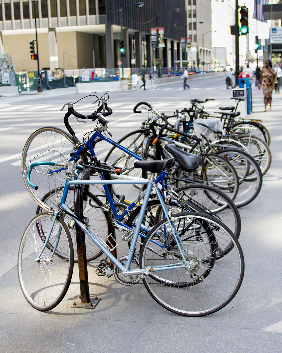 Urban Street scene of Bicycles parked